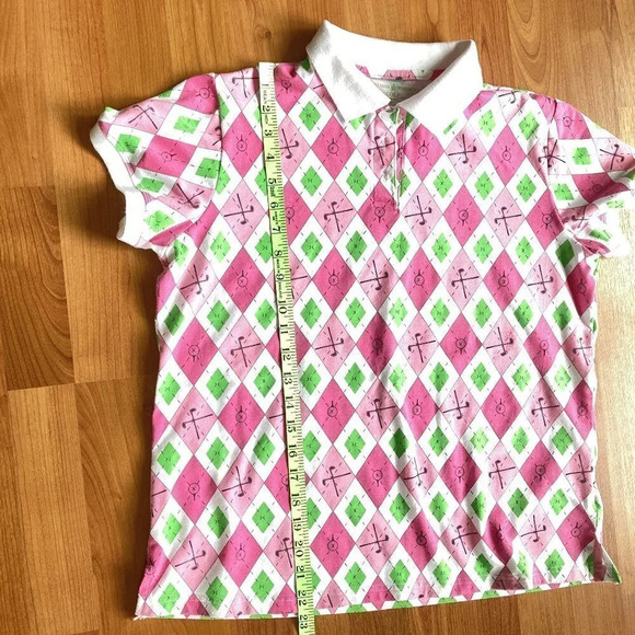 ALLYSON Whitmore Golf Polo Pink, White & Green Pattern w Golf Tees and Clubs, PL - Picture 9 of 11